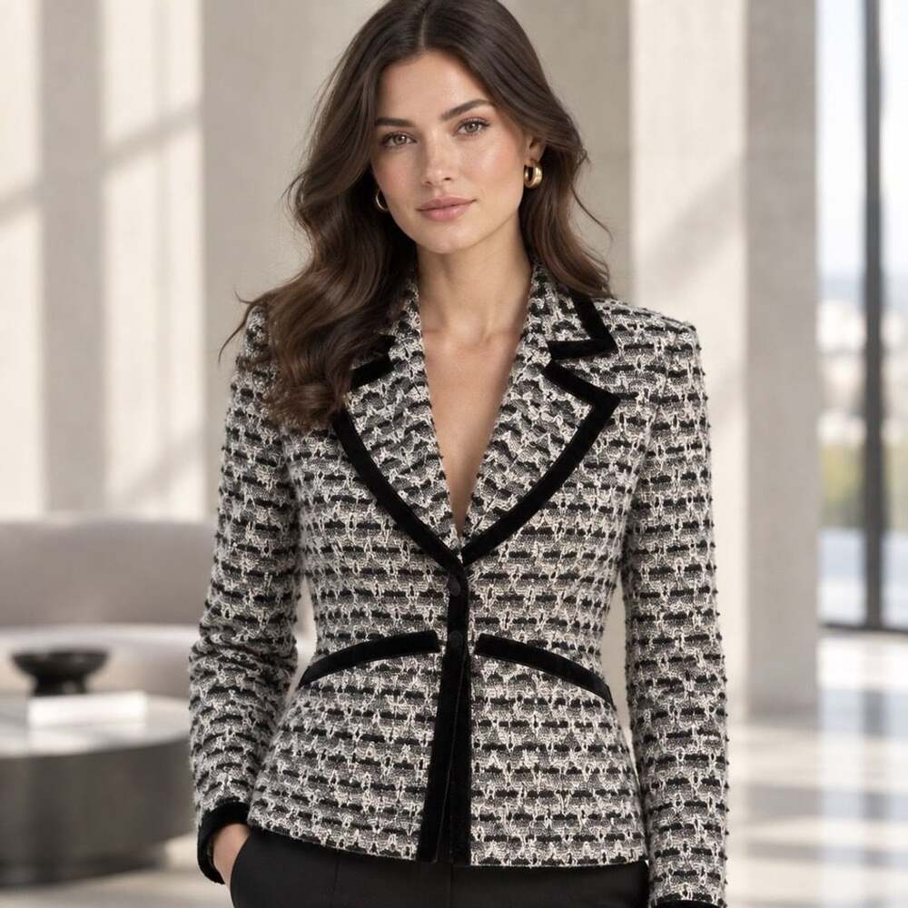 DD Collection Tweed Suit Jacket Size 10 Black White Wool Formal Blazer
